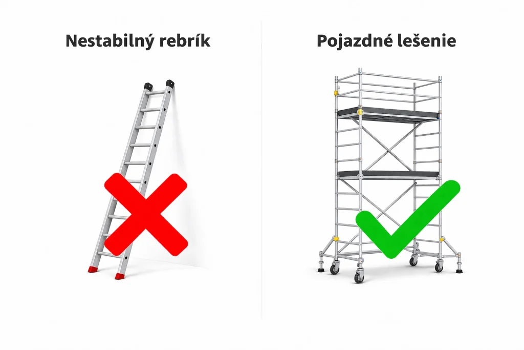 Obrázek s žebříkem, kde je křížek a lešením, kde je checkmark